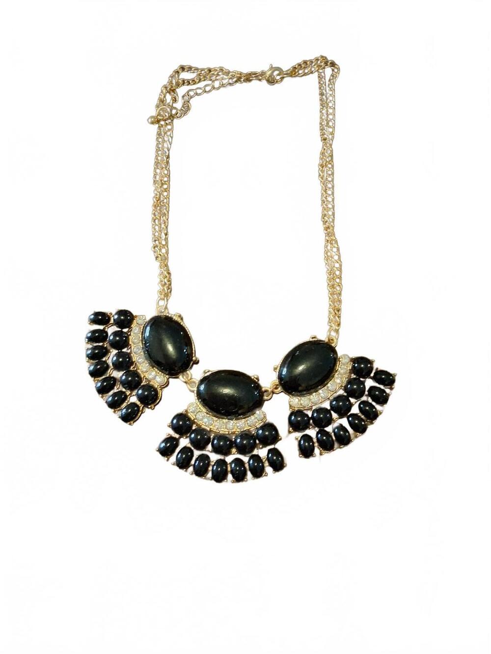 Black Statement Bib Necklace Gold Tone Rhinestone Fashion Jewlery